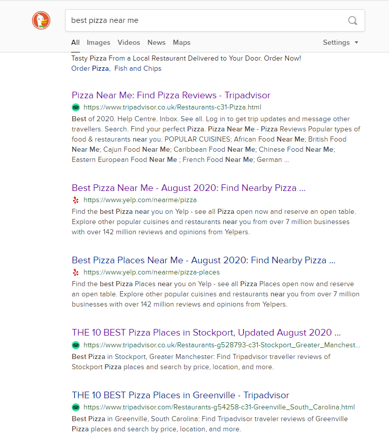 "Best Pizza" Search Duck Duck Go