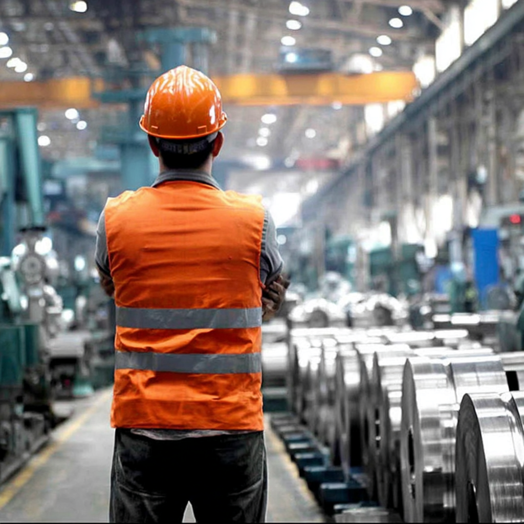 A worker with his arms crossed wearing a orange vest and hat at a manufacturing facility